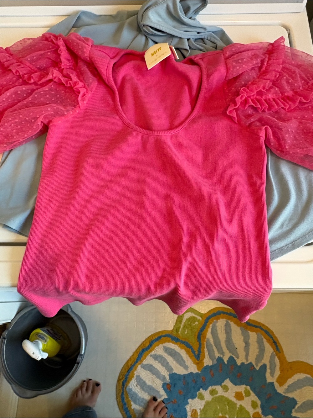 Anthropologie Maeve Bright Pink Puff-Sleeve Scoop Neck Tee